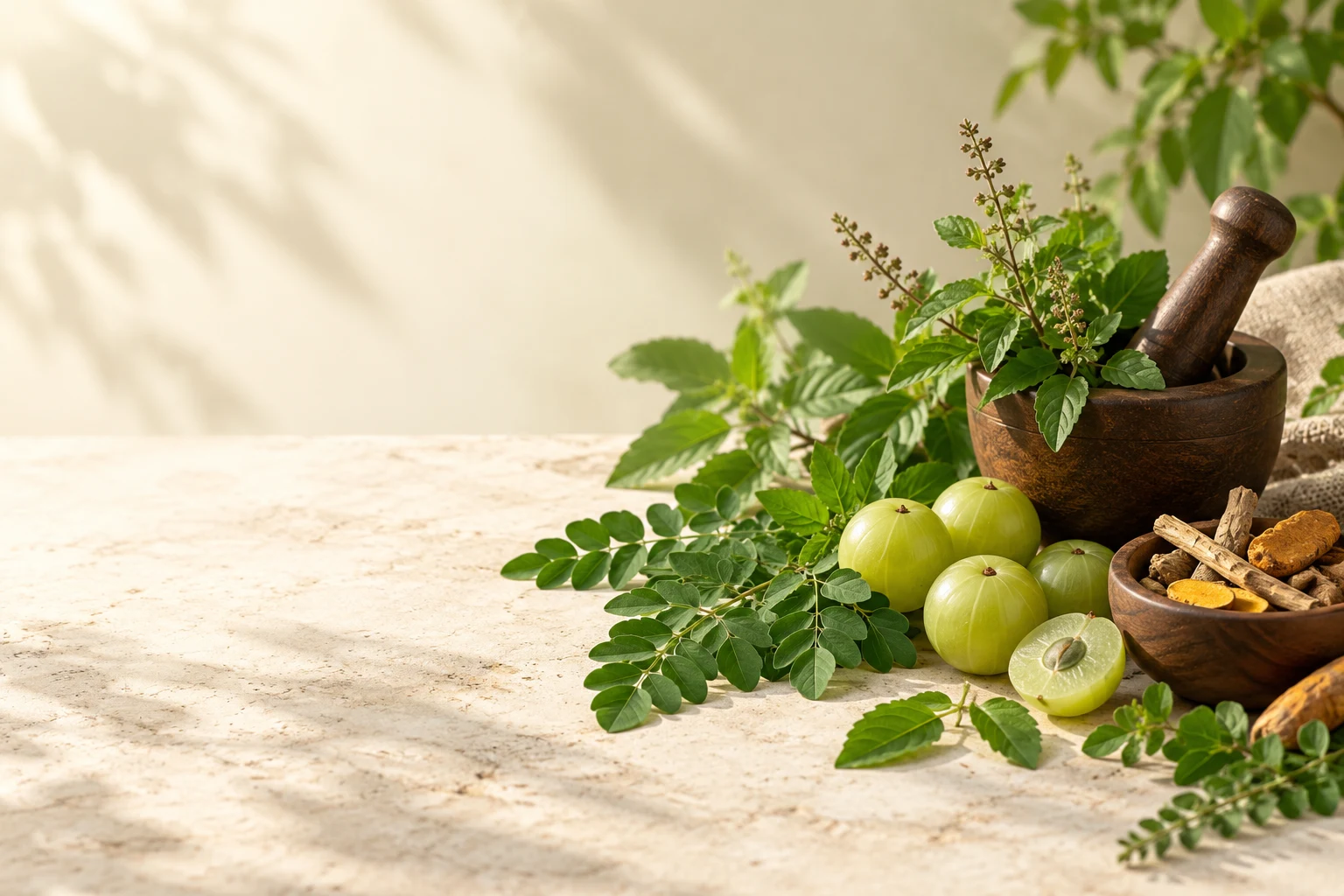 Herbs and traditional mortar